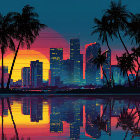 A vibrant digital artwork depicts a city skyline silhouetted against a colorful sunset. Palm trees frame the composition, with their reflection mirrored in the water below. The image showcases a retro aesthetic with bold color gradients and a stylized visual approach, lending itself to various creative and commercial applications.の素材