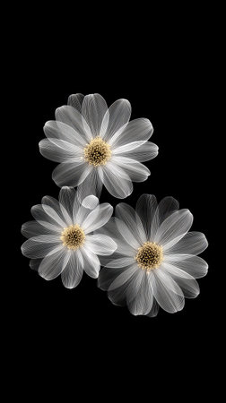 Three white flowers with yellow centers are presented against a stark black backdrop. The composition features soft lighting and translucent petals, creating a visually elegant effect. This image could be utilized in various projects for decorative purposes, including website design and print materials.の素材