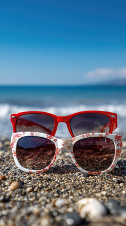 Two pairs of sunglasses rest on a pebble beach, showcasing red and white frames. The ocean and sky create a vibrant blue backdrop. The image utilizes natural light, featuring a shallow depth of field. This composition is suitable for various commercial uses, including advertising and editorial content.の素材