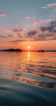 A vibrant sunset illuminates calm water, reflecting the colors of the sky. Silhouetted islands dot the horizon beneath a sky painted with hues of orange, pink, and blue. The composition focuses on the interplay of light and water, potentially suitable for travel or atmospheric content.の素材