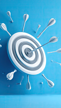 A target is depicted with multiple arrows, one striking the center. The image showcases a three-dimensional effect with white and gray elements set against a vibrant blue backdrop. The arrangement suggests a focus on achievement. Suitable for illustrating ideas related to goals. The composition is likely usable in various commercial projects.の素材