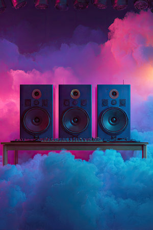Three large audio speakers rest on a table, likely in a recording environment. The speakers are dark-colored, with visible woofers and tweeters. The composition is set against a vibrant, stylized background featuring pink, purple, and blue hues. This image could be suitable for music production related projects and editorial articles.の素材