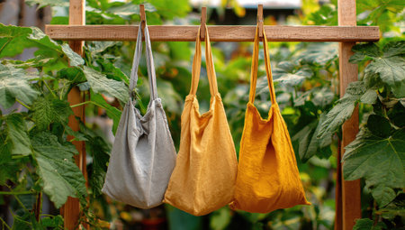 Three eco-friendly shopping bags in varying colors hang from a wooden rack. The bags are made of fabric with a soft texture. Green foliage creates a natural backdrop. This image could be used for advertising sustainable living, promoting eco-conscious brands, or illustrating environmental themes. The composition features overhead lighting.の素材