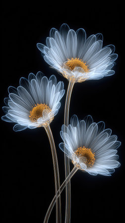 Three daisy flowers are depicted with a glowing, translucent quality against a black background. The image showcases soft, diffused lighting, emphasizing the petals and central cores. It is composed in a vertical format, suitable for decorative purposes or illustrating scientific or artistic concepts. The artwork might be used in editorial content or commercial design.の素材