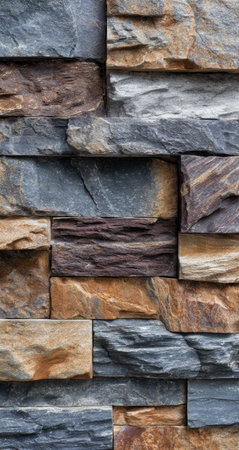 A close-up image showcases a stone wall, constructed from rectangular and irregular shaped pieces. The wall displays a blend of colors including browns, grays, and tans, suggesting a natural and weathered appearance. The composition is a vertical shot, emphasizing the texture. This could be used for various design, decorative, or construction-related projects.の素材