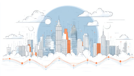 An illustrated cityscape showcases various skyscrapers under a soft blue sky with fluffy clouds. The image employs clean lines, a limited color palette, and geometric forms. The composition suggests an urban setting, possibly depicting a commercial district. It is suitable for various design projects and commercial applications.の素材