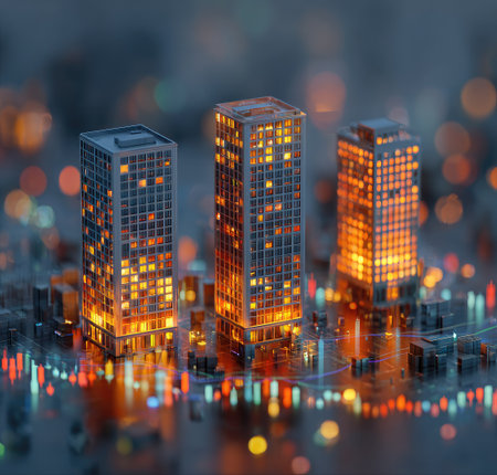 Three detailed miniature skyscrapers are lit with warm artificial light, contrasting with the cool-toned surrounding environment. The image uses a shallow depth of field, with soft bokeh highlighting the overall mood. This digitally rendered scene could be suitable for illustrations related to urban development or technology concepts.の素材