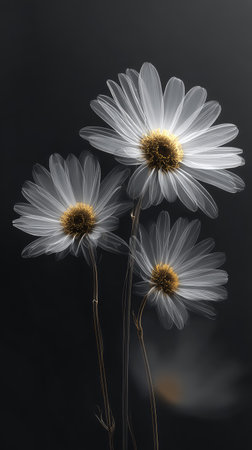 Three daisies are artfully arranged against a dark background, creating a soft, ethereal ambiance. The flowers exhibit a grayscale palette with subtle variations, revealing delicate textures and detailed petals. This composition, with its artistic rendering, could be suitable for various design applications, including print and digital projects.の素材