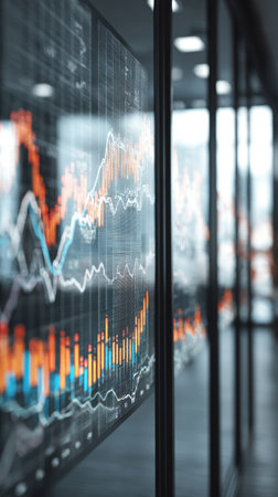 Financial information is presented on a large screen within a modern office setting. The image showcases colorful graphs and charts reflecting market trends. The overall composition suggests an indoor environment with controlled lighting. Suitable for articles or presentations related to business and finance.の素材