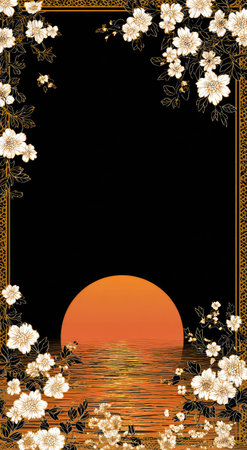 An artistic depiction presents a sunset over water, framed by decorative white flowers and foliage. The composition showcases a vibrant orange sun reflecting on the water's surface against a dark backdrop. This design is characterized by ornate details and a focus on color contrast, ideal for various creative projects.の素材