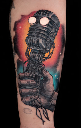 This tattoo depicts a hand firmly grasping a classic microphone against a vivid backdrop of swirling colors. The artwork features detailed shading and a realistic depiction of the hand and microphone. The composition is likely created on skin. The image is suitable for various commercial purposes, including illustrative or editorial content.の素材
