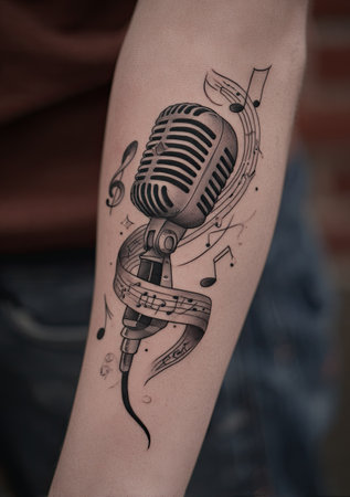 A detailed tattoo features a vintage microphone entwined with musical notes on an arm. The composition exhibits shades of gray, black, and white. The artwork displays intricate lines and shading techniques. Suitable for artistic projects, design, and illustrative purposes.の素材