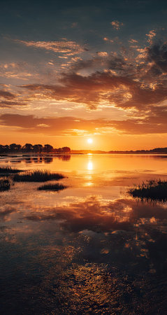 A breathtaking sunset illuminates the sky and water with warm orange and golden hues. The landscape features a serene body of water reflecting the colorful sky and horizon. The scene evokes a feeling of peace and tranquility suitable for various commercial or editorial uses.の素材