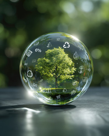 A vibrant green tree is encapsulated within a clear, reflective sphere, highlighting environmental themes. The composition features soft lighting and a blurred background suggesting an outdoor setting. This image could be used for various commercial projects related to ecology, conservation, and sustainability. The sphere contains multiple icons.の素材