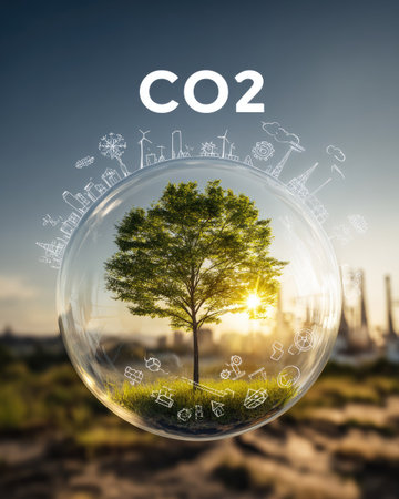 A tree, encased in a transparent bubble, sits in a field under a bright sun. Surrounding the bubble are graphic outlines of buildings and wind turbines, suggesting environmental protection. The composition uses a shallow depth of field, with soft focus on the background. This image could be used for promoting environmental awareness or representing sustainable development.の素材
