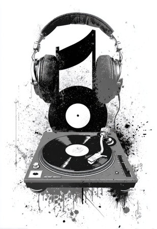 An artistic image presents a turntable, music note, and headphones in monochrome, evoking a retro theme. Splatter effects add texture to the composition. The design may suit advertising, editorial projects, or thematic illustrations. Lighting appears consistent with daylight conditions, creating a clear and modern visual.の素材
