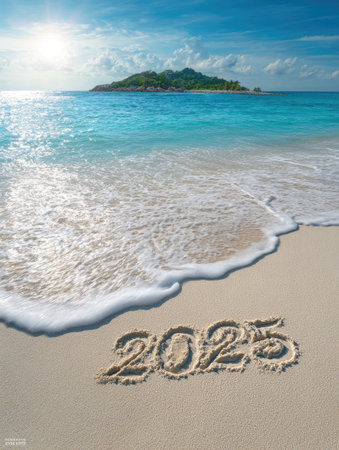 The image features a tranquil ocean scene where clear turquoise waves gently wash onto a soft, sandy beach. The year 2025 is inscribed in the sand. The composition showcases a small island in the distance with bright sunlight highlighting the scene. This picture could be used for various commercial or editorial purposes.の素材