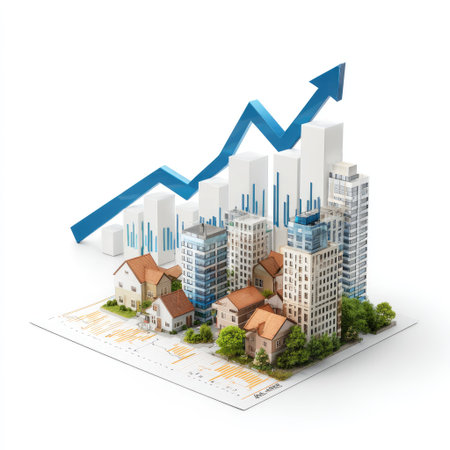 This illustration depicts city buildings with a prominent upward-pointing arrow graph. The composition features a mix of residential and commercial structures. The image uses a clean, bright style with a focus on light and shadow. The visual presentation suggests concepts such as growth and progress. Suitable for various commercial and informational applications.の素材