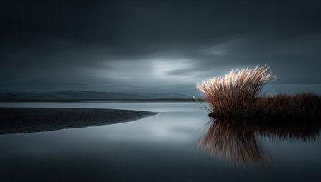 This landscape image presents a body of water with a reflective surface. The scene includes a tall plant illuminated by sunlight and the sky above. The photograph exhibits a tranquil atmosphere, with a low-angle perspective and natural lighting. This image may be suitable for various commercial or editorial applications.の素材