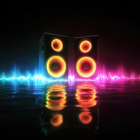 Two illuminated speakers stand against a dark background, showcasing bright orange and blue hues. The image features a water-like surface, creating reflections of the speakers and surrounding lights. The abstract style and use of color suggest possibilities for entertainment or technology-related projects and visual designs.の素材