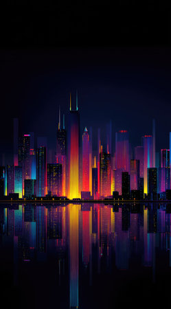 A digital illustration showcases a city skyline at night, rendered with brilliant colors. The composition highlights towering structures reflected in calm water. The artistic style is characterized by vivid hues, dramatic lighting, and a minimalist design. This image is suitable for various commercial uses, including website backgrounds and print media.の素材