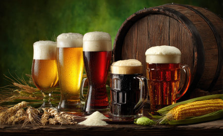 Various beers are displayed in different glasses next to a wooden barrel and corn. The composition features a rich color palette, with golden, amber, and dark hues suggesting a warm ambiance. The image is brightly lit, highlighting the textures of the beer and the surrounding elements. This image could be suitable for promotional materials.の素材