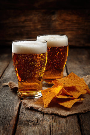 Two glasses filled with foamy beer are set on a weathered wooden surface, accompanied by a pile of tortilla chips. The image showcases a warm, inviting tone with soft lighting. The composition is likely suitable for advertisements or editorial content related to beverages or culinary topics.の素材