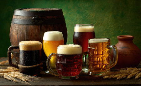 An assortment of beers, presented in various glasses and mugs, stands on a wooden surface. The composition displays different hues and textures of the beverages, complemented by a rustic wooden barrel and a clay vase. The lighting creates highlights and shadows, suitable for a commercial advertisement or a pub menu.の素材