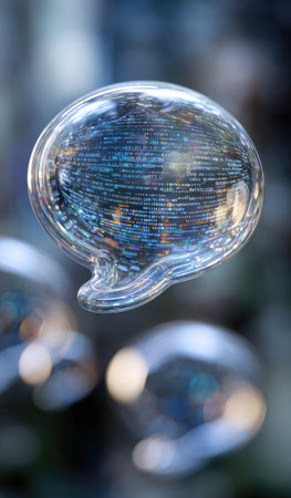 A clear speech bubble is the central focus, filled with lines of digital code. The transparent bubble reflects a blurred, neutral background. The lighting highlights the bubble's form, suggesting a modern, tech-focused environment. This image could serve various purposes in technology, communication, or conceptual design.の素材