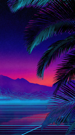 This digital artwork showcases palm trees set against a gradient of neon colors. The scene depicts a landscape with mountains and a simulated body of water, bathed in hues of purple, blue, and pink. The overall style is reminiscent of retro aesthetics and could be used for various design projects.の素材
