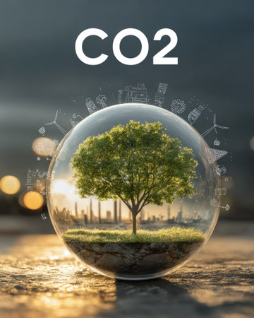 A tree stands within a transparent sphere, set against an urban and environmental background. The image displays a combination of natural and artificial elements, illustrating topics such as environment, sustainability, and carbon emission concepts. Ideal for commercial applications related to climate, ecology, or conservation.の素材