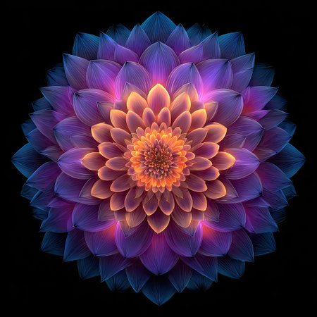 An overhead view showcases a detailed floral bloom, featuring layers of petals in hues of purple, orange, and blue. The composition, set against a black backdrop, highlights the flower's intricate design and color gradients. This image could be used for various design projects, including digital art and decorative applications, and it is suitable for print.の素材