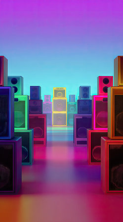 Rows of colorful speaker towers stand in a symmetrical composition, bathed in vibrant neon hues. The image showcases a gradient background, suggesting a digital or futuristic environment. The lighting creates a dynamic visual effect, ideal for various multimedia projects, advertising campaigns, and contemporary design applications.の素材