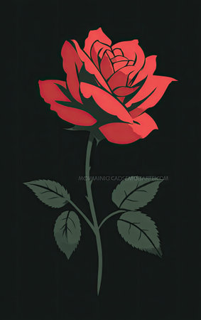 A single, digitally illustrated rose features striking red petals and green leaves against a dark backdrop. The detailed graphic showcases a modern, artistic style with flat shading. This image is suitable for various commercial purposes, including design elements, print media, and digital content.の素材