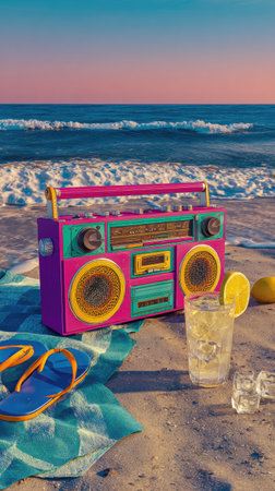 A colorful retro boombox rests on a beach towel beside a beverage and ocean waves. The image features a bright, vintage aesthetic with vivid colors and soft lighting. This composition suggests relaxation and leisure, potentially suitable for promotional or lifestyle content.の素材