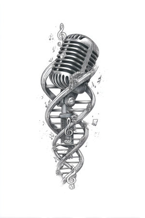 An illustration features a retro microphone entwined with a DNA strand, accompanied by musical notes. The artwork displays a grayscale palette, with detailed shading and textures. The composition appears on a clean white background. This image could be used for various creative projects, including music-related advertising or educational materials.の素材