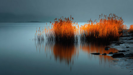 This serene image depicts golden reeds illuminated against a cool, blue-toned lake. The water's surface reflects the reeds, creating a symmetrical composition. The overall mood is calm and peaceful, likely suitable for use in travel, nature, or environmental related projects. The image's soft focus adds to its visual appeal.の素材