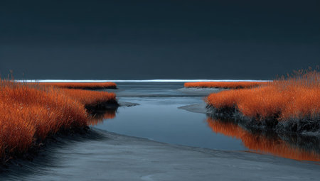 A serene landscape presents a body of water flowing between patches of bright orange grass. The scene is bathed in cool tones, with a dark, overcast sky reflecting in the calm water. The composition is simple and balanced, with a naturalistic aesthetic that could suit various commercial and editorial applications.の素材