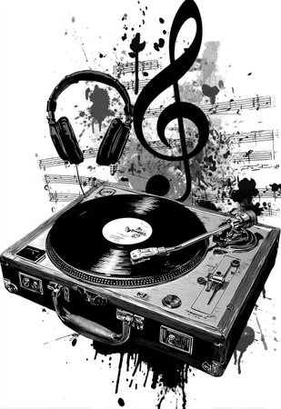 This black and white illustration features a turntable, headphones, and musical notes. The artwork uses splashes of ink to create a grunge effect. The composition is likely suitable for editorial or promotional material related to music or audio technology, offering copy space.の素材