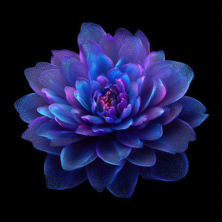 A close-up shot presents a captivating flower in shades of blue and purple, set against a stark black backdrop. The petals exhibit intricate textures and gradients, while the lighting emphasizes the bloom's form. This image could be used for various design projects, decorative purposes, or editorial content.の素材