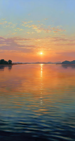 A stunning sunset illuminates the calm water surface, reflecting the colorful sky. The scene showcases vibrant oranges and blues, creating a sense of peace and serenity. The soft lighting and natural composition could be suitable for various commercial projects and editorial uses. The horizon features silhouettes.の素材