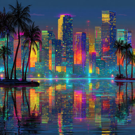 An illuminated cityscape is showcased with skyscrapers and palm trees silhouetted against a twilight sky. Bright neon lights reflect on the water creating a colorful mirror image. The style showcases a digital painting with vibrant colors and an artistic composition ideal for various visual communication projects.の素材