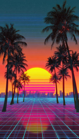A stunning sunset scene showcases silhouetted palm trees set against a radiant orange and yellow sky. A grid pattern leads to the sun, with a city skyline visible. The image uses vibrant colors and a retro aesthetic, suitable for various editorial and commercial purposes.の素材