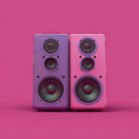 Two vertical audio speakers in contrasting purple and pink hues stand against a matching pink backdrop. The speakers, featuring black circular elements, are positioned close together. This studio-style image showcases a modern aesthetic, suitable for various promotional and creative applications. The design is clean and minimalist.の素材