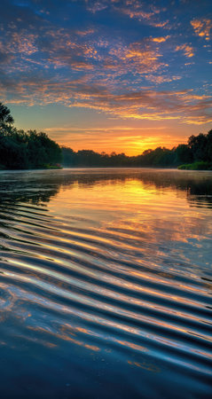 A stunning sunset illuminates a calm body of water, reflecting vibrant colors across the surface. The scene features a rich palette of blues, oranges, and yellows, with subtle textures suggesting ripples. Dense trees line the horizon, providing a natural frame. This image is suitable for various commercial uses, including artistic prints and environmental themes.の素材