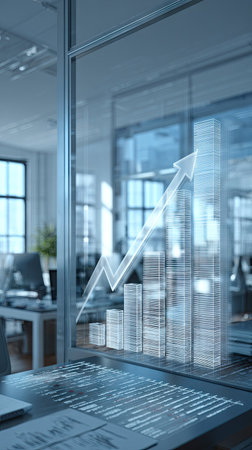 A digitally rendered graphic shows an upward trending chart superimposed on a modern office interior. The visual features shades of blue, a glass wall, and computer equipment. This could be used for various business and financial reports or presentations. The image depicts a clean and contemporary workspace.の素材