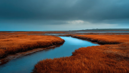 A river meanders through expansive fields of orange vegetation, contrasted by the deep blue of the water and a moody, overcast sky. The composition emphasizes the natural textures and colors of the landscape. Suitable for use in environmental, travel, or artistic projects, offering visual appeal.の素材