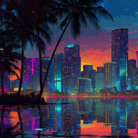 A vivid digital artwork presents a cityscape reflecting in the water during sunset. The image features silhouettes of palm trees in the foreground, with buildings in the background. The scene is illuminated by colorful hues of orange, purple, and blue. Suitable for commercial and editorial applications, this art style is rich in visual interest.の素材