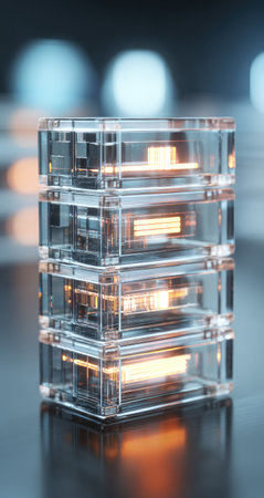 A close-up view presents a transparent, layered structure with internal glowing components. The composition features clear glass or acrylic with an industrial design aesthetic. Warm orange and yellow light emanates from within the structure. This image would be suitable for commercial and editorial applications.の素材