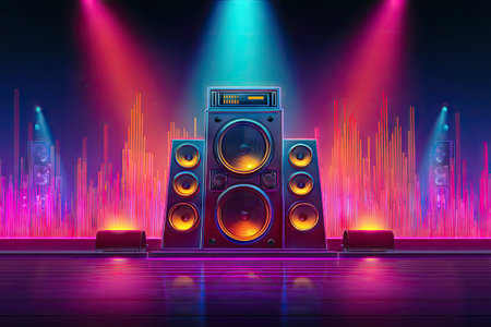 A digital illustration showcases a central stack of speakers surrounded by smaller speakers. The stage is bathed in a vivid array of pink, blue, and red lights. The composition features a symmetrical arrangement, with the lighting creating an energetic atmosphere. This image is suitable for promotional materials related to music or entertainment.の素材